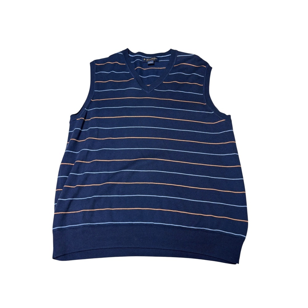 Brooks Brothers Mens Supima Cotton Striped V-Neck Sweater Vest Navy Blue Medium
